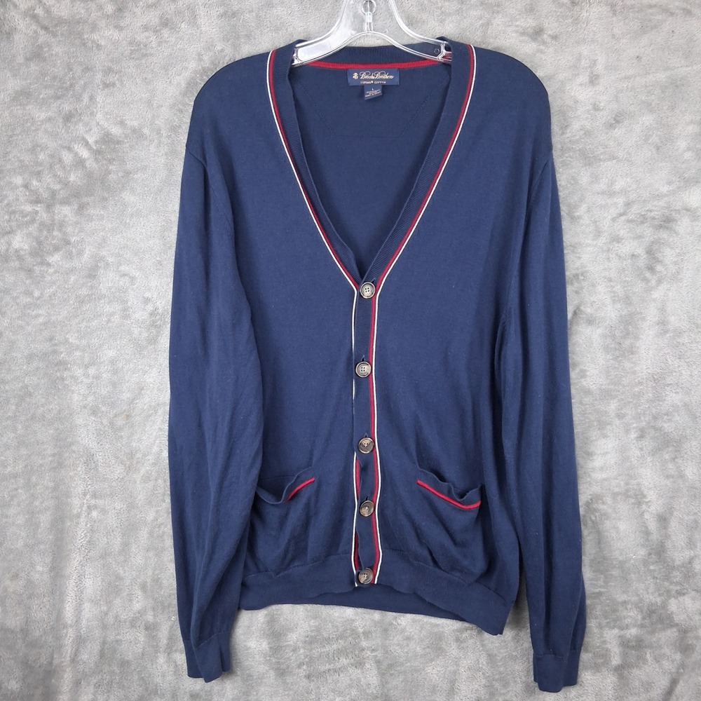 Brooks Brothers Cardigan Sweater Mens Large Navy Blue Supima Cotton Striped Trim